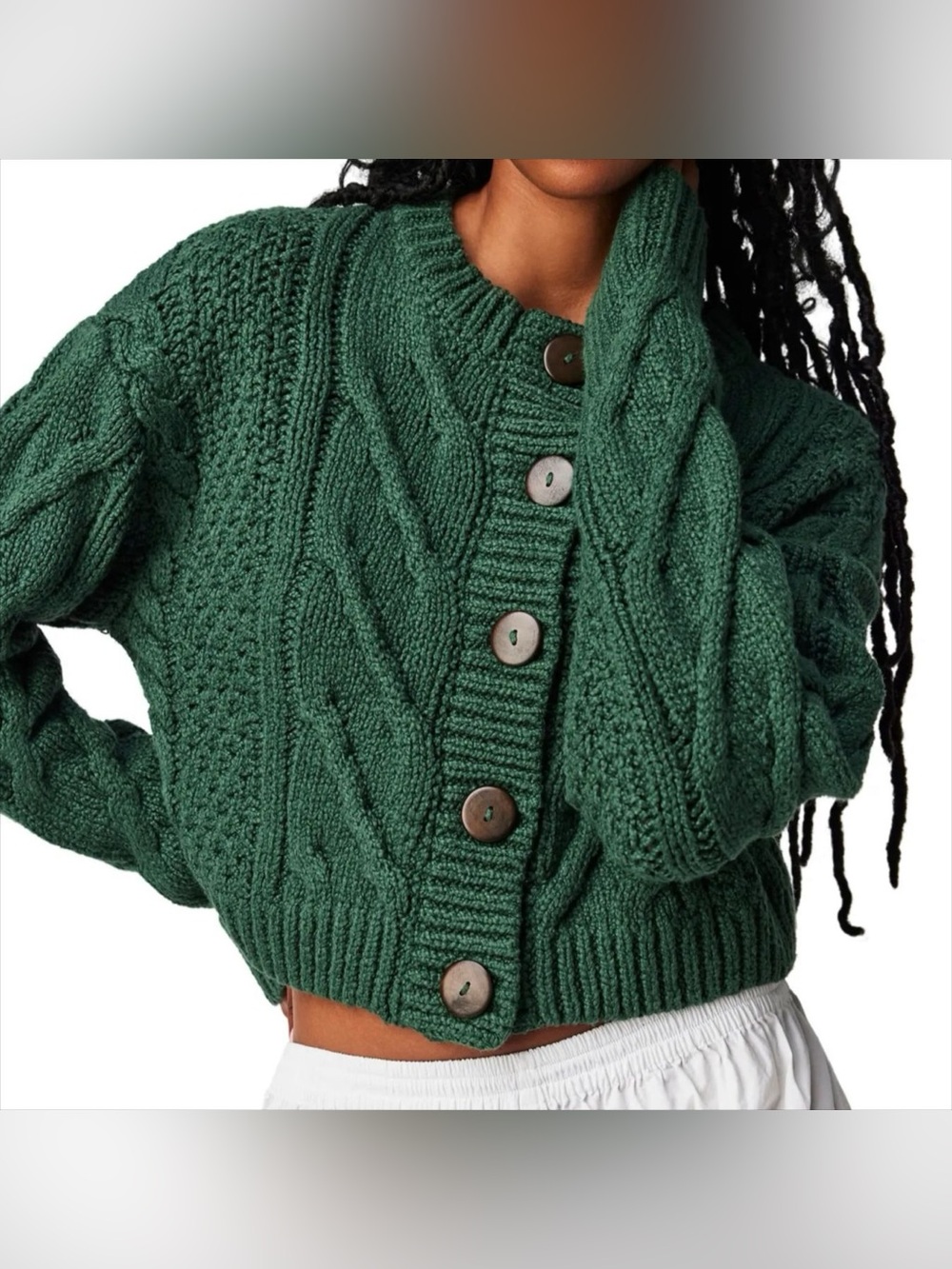 Free People Deep Green Chunky Button-up Bonfire Cable Knit Cardigan size small